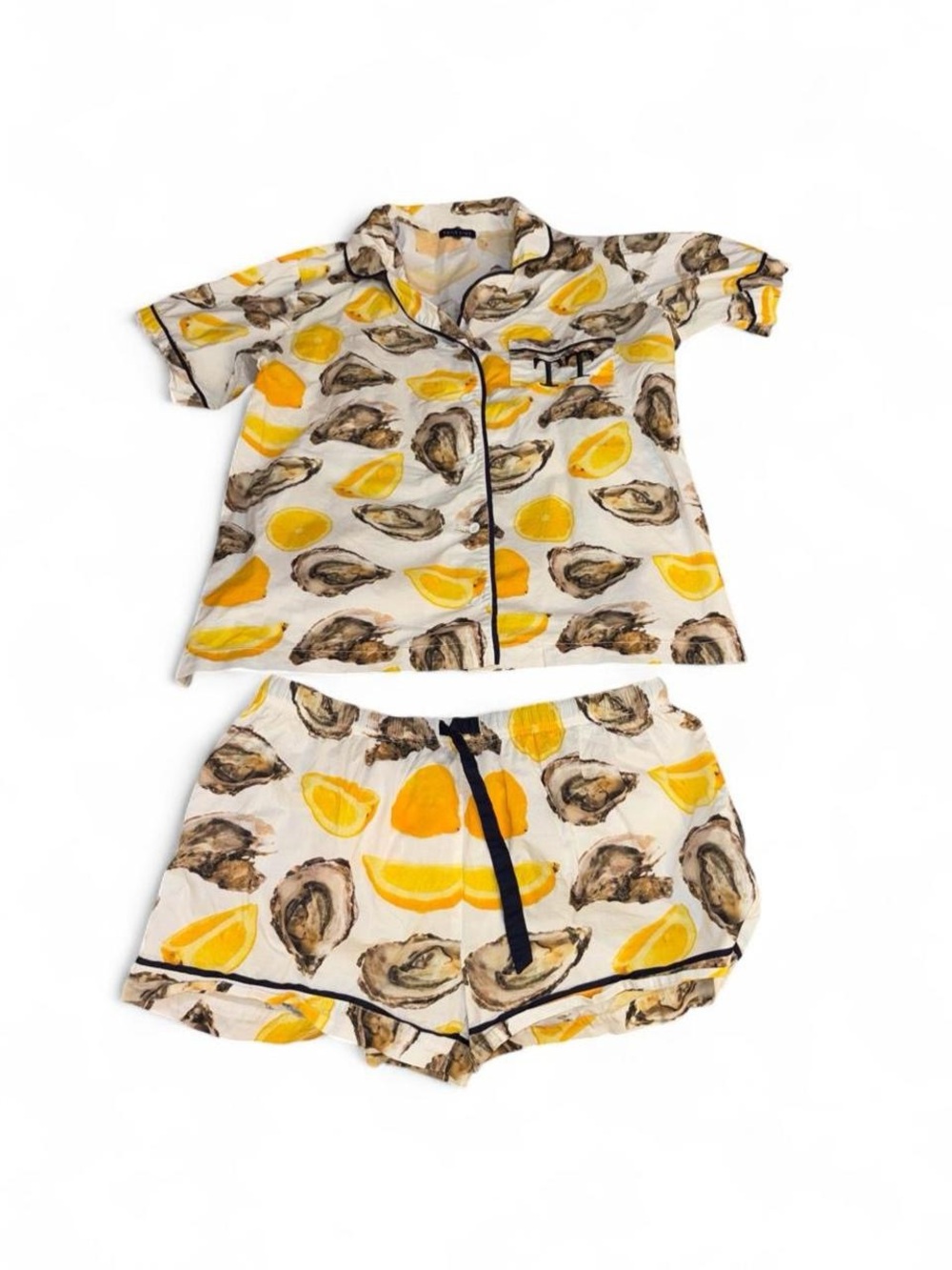 Katie Kime Women’s Short Pajama Set with Lemon & Oyster Print - Yellow/White